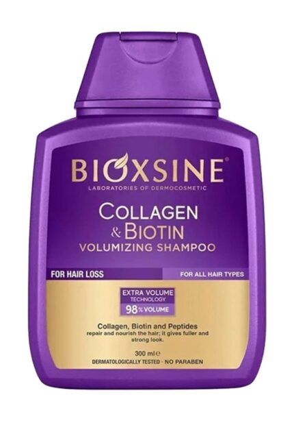 شامپو مو ضدریزش بیوکسین Bioxcin حاوی بیوتین و کلاژن بنفش