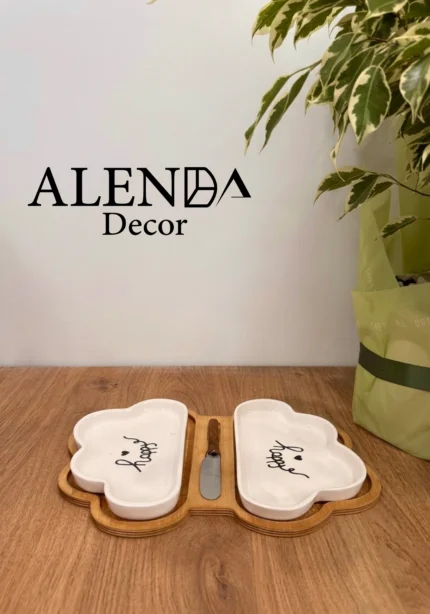 ظرف سرو ابری دو قلو سرامیکی با زیره چوبی